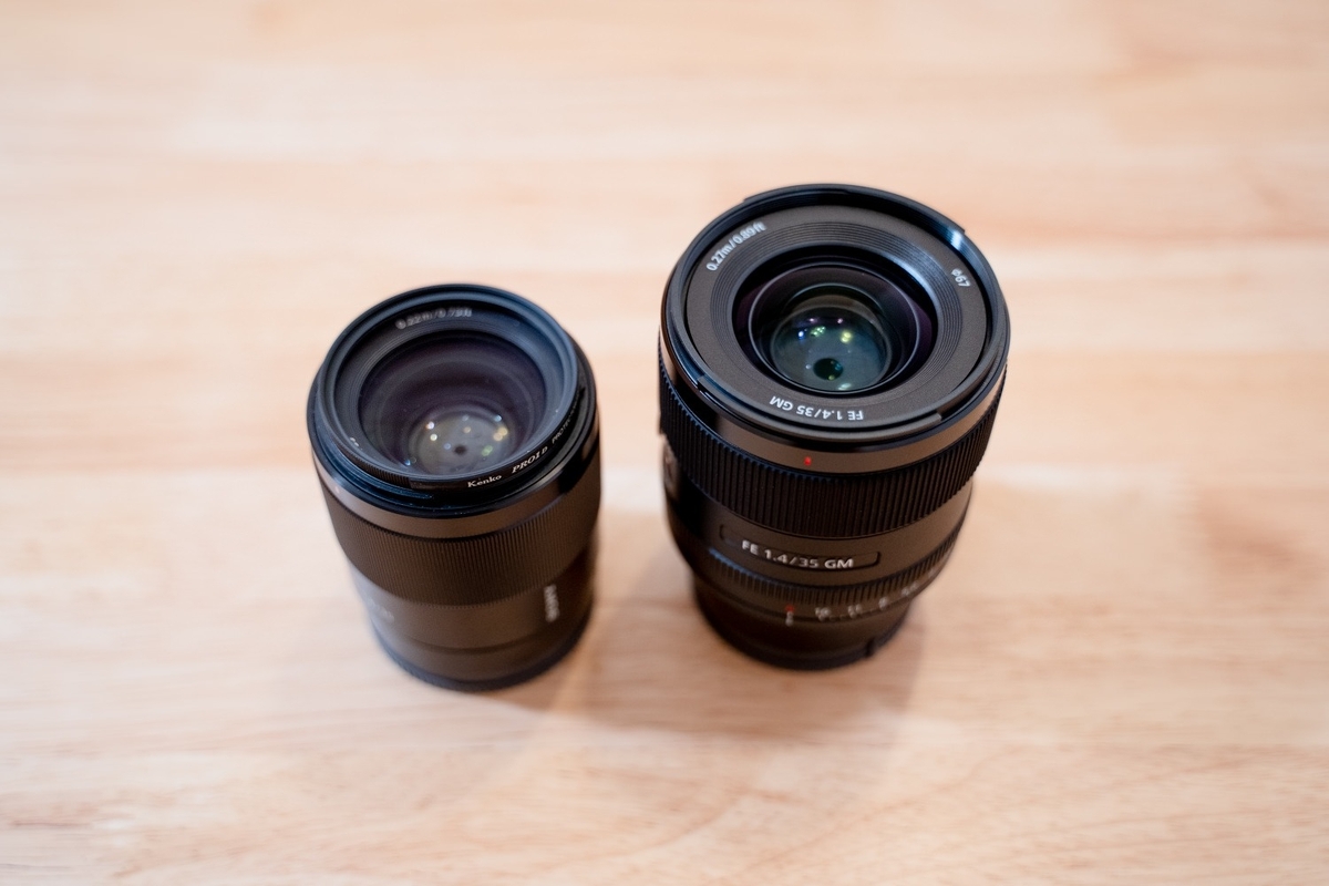 FE 35mm F1.8 SEL35F18F（左）とFE 35mm F1.4 GM SEL35F14GM（右）