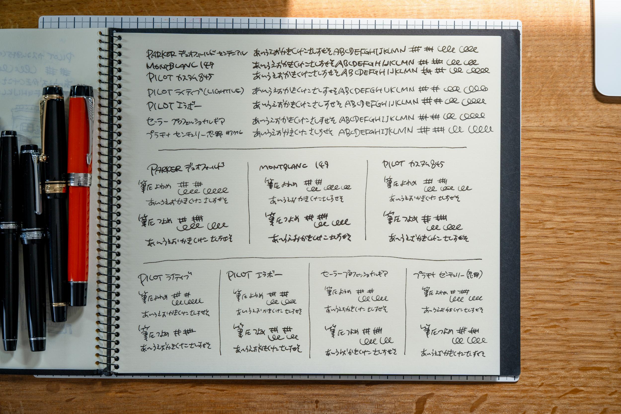 ペン線比較：上部が一覧で筆記テスト / 下は筆圧を変えた筆記テスト